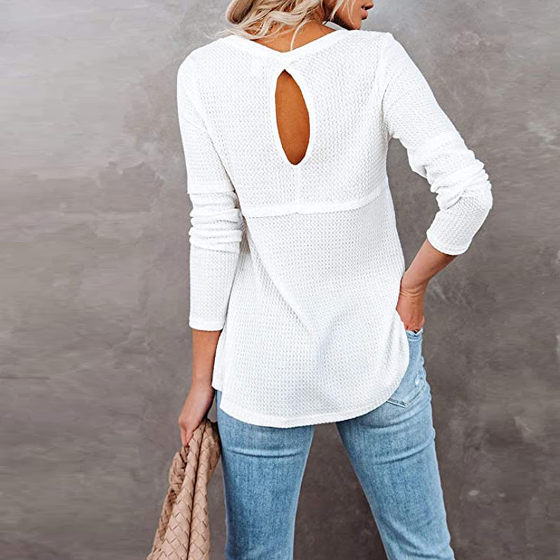 Suéter de Punto Waffle para Mujer, Nuevo Otoño/Invierno 2024, Estilo Europeo y Americano, Espalda Descubierta, Cuello Redondo, Manga Larga