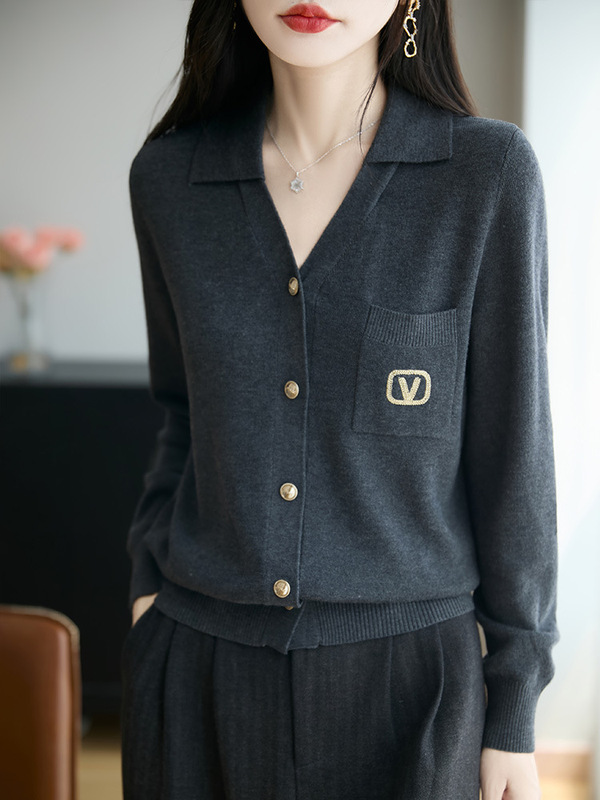 2025新款V领羊毛针织开衫女气质通勤外套上衣|undefined