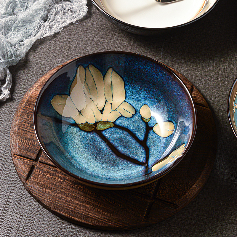 European-style under-glaze color ceramic hand-painted soup bowl creative flower ramen bowl kiln glaze hot vegetable noodle bowl covered rice bowl