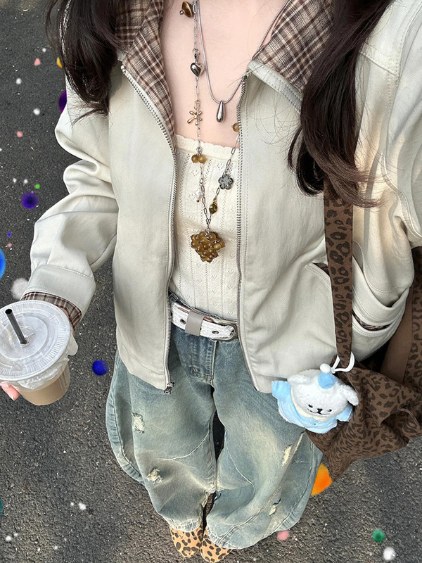 复古撞色秋季外套女2025新款宽松休闲设计感短款翻领假两件上衣潮|undefined