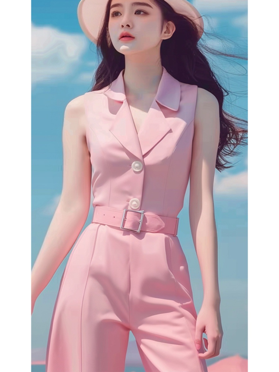 Bộ jumpsuit nữ dài tay màu hồng phong cách dopamine mùa hè cao cấp — Màu hồng