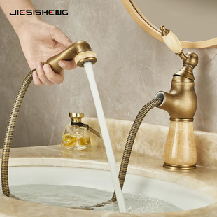 Cross-Border French Natural Jade Pull-Out Faucet Brass Bathroom Bathroom Cabinet Basin Hot and Cold Splash-Proof Faucet