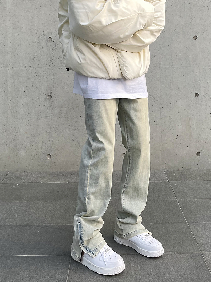 American High Street Vibe vintage lavado apenado amarillo barro teñido cremallera split jeans hombres pantalones largos rectos