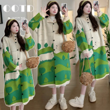 孕妇冬季加厚毛衣中长款宽松开衫外套+针织流苏连衣裙孕妈两件套