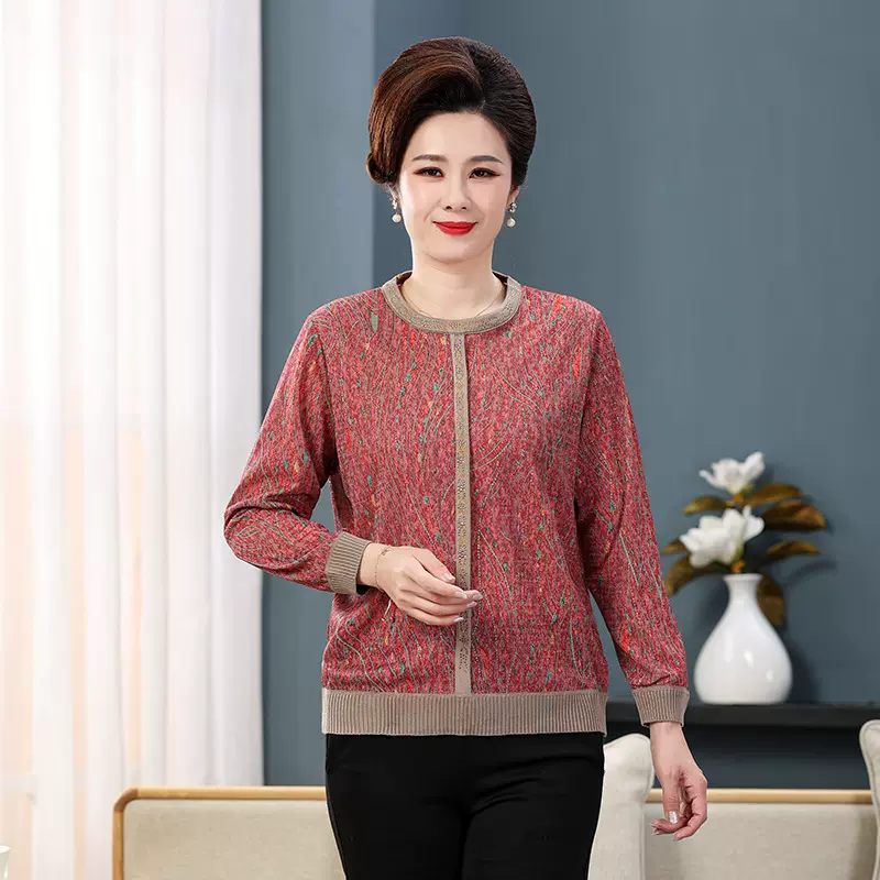 2023妈妈装春季长袖上衣T恤小衫中老年女装打底衫薄印花春季新款