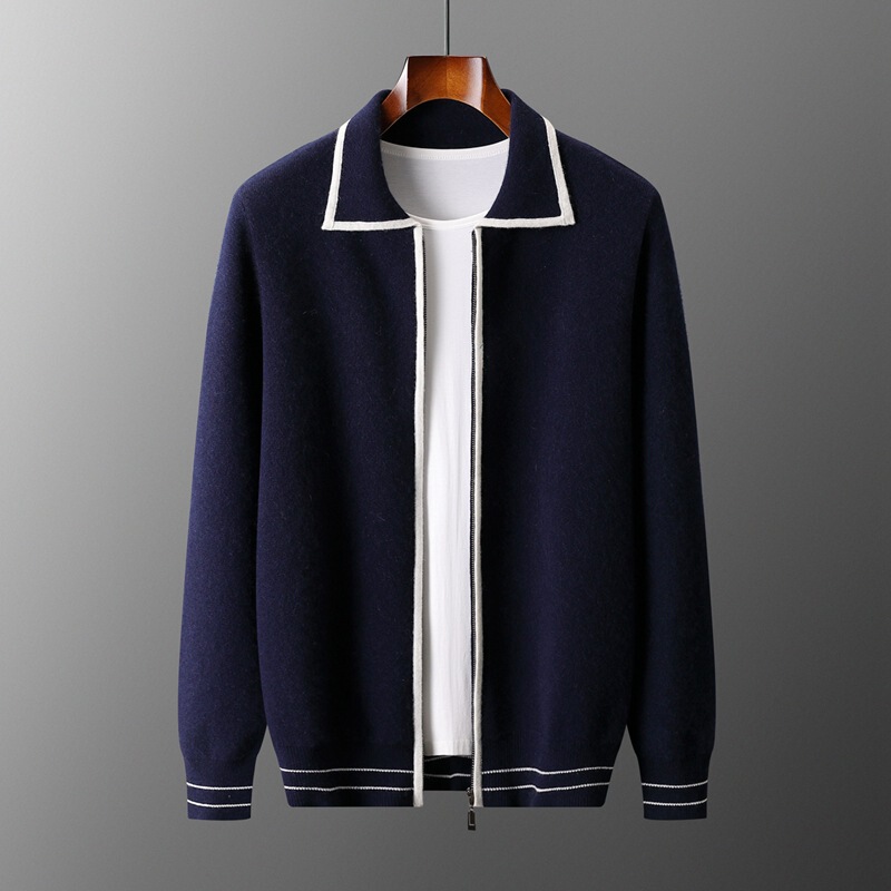 Polo Collar Contrast Color Jacket Cardigan Men's 100% Australian Wool Sweater Hebei Manufacturer Wholesale Dropshipping Light Mature Style
