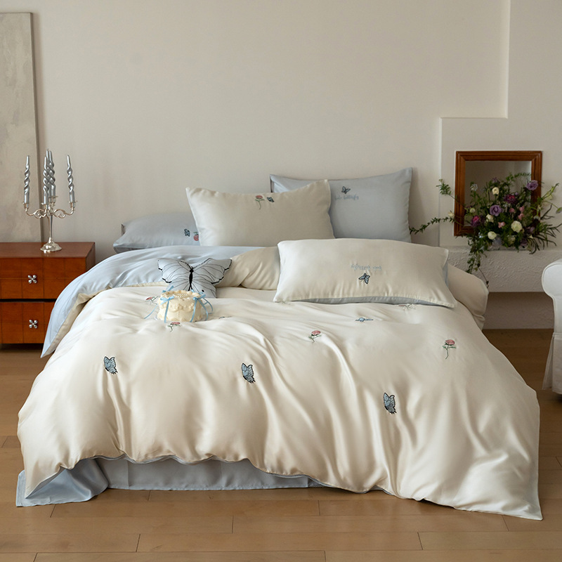 Summer Cool Ice Silk Quilt Cover Summer Girly Style 60-count Double-sided Tencel Four-piece With Romantic Butterfly Embroidery, Cool-touch 1.5m B_voghion.com