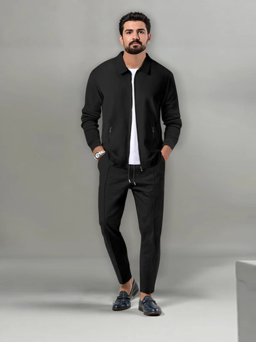 Men's casual sports suit autumn green zipper waffle pocket lapel slim coat casual pants