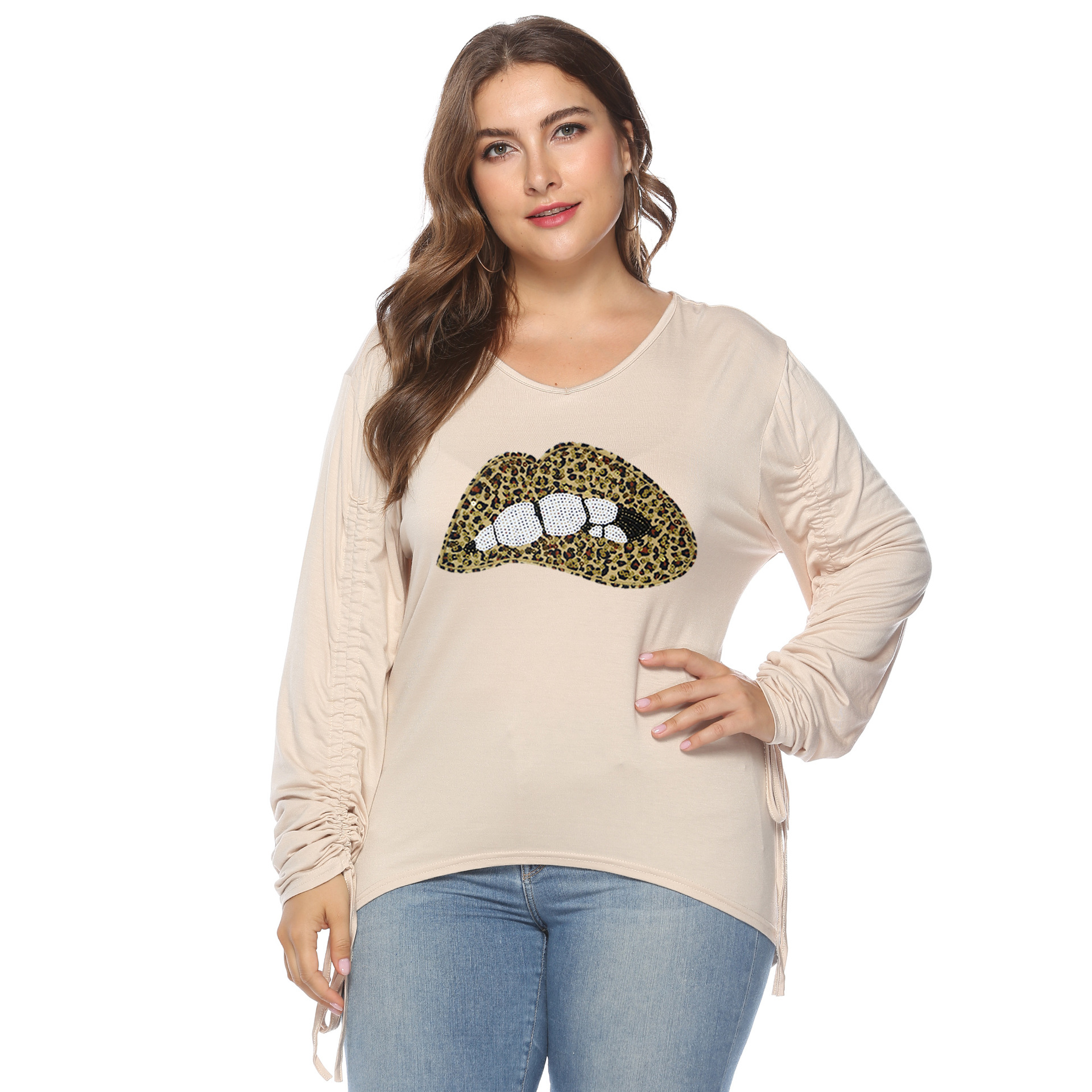 plus size lip print V-neck sequined drawstring long sleeves T-shirt NSOY125380