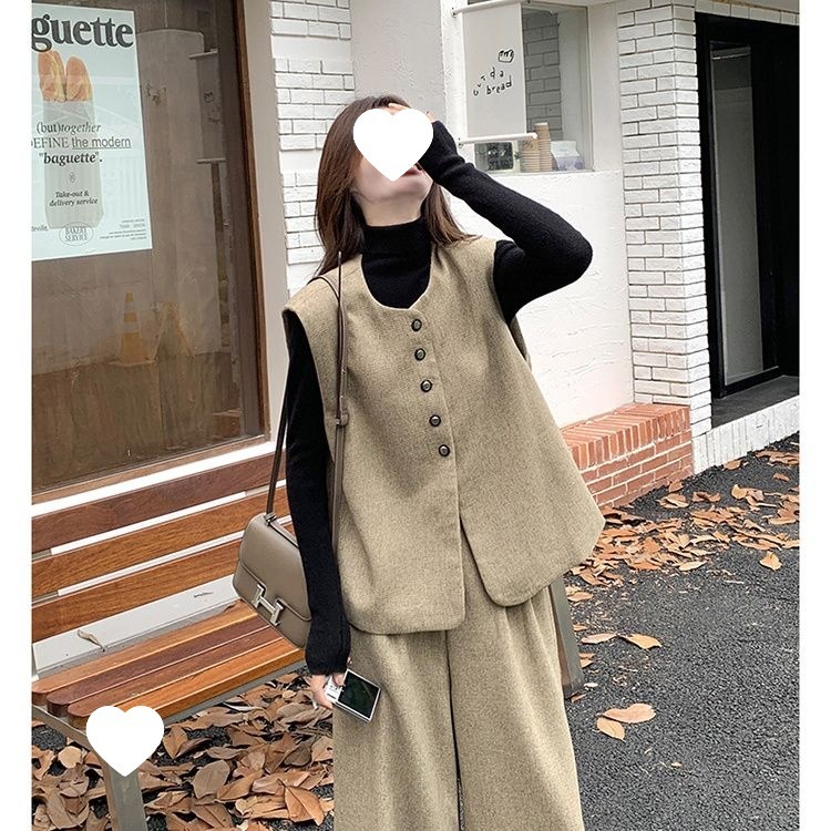 鹿卡其色小香风马甲长裤套装女秋季轻奢感穿搭休闲阔腿裤两件笙陇|undefined