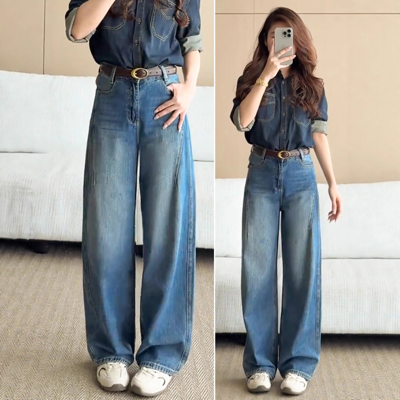 松弛感阔腿牛仔裤女2025新款弯刀裤宽松显瘦高腰长裤梨型身材裤子|undefined