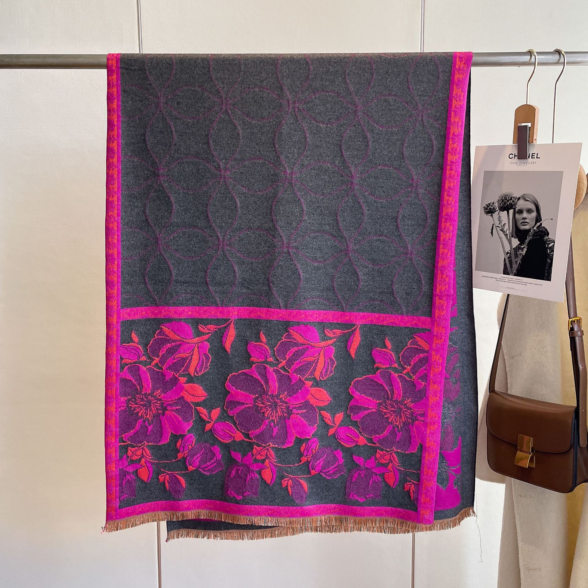 Moda de comercio exterior estampado floral barba corta con aire acondicionado mantón Otoño e Invierno Nueva Cachemira-como bufanda borla caliente para las mujeres