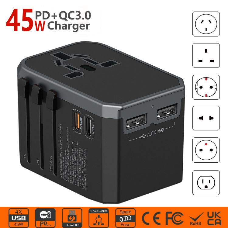 45W转换插座2usb-c超快充电插座全球通用欧规美规英规插座转换器