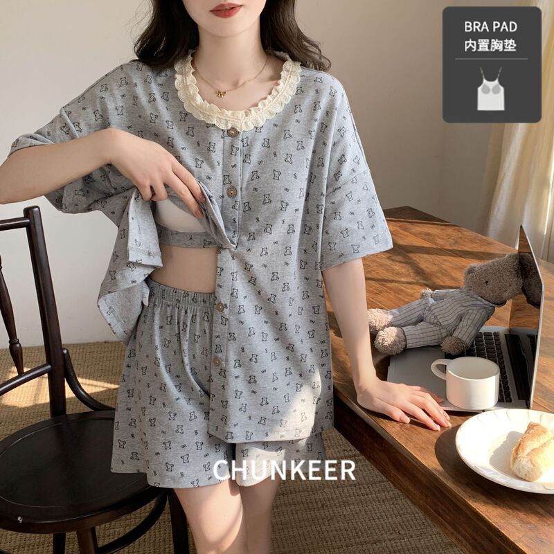 Pajamas with Breast Pads for Women in Summer, Cute Lace Bear Short-Sleeved Shorts, Casual and Comfortable, Can Be Worn Outside, Home Wear Set