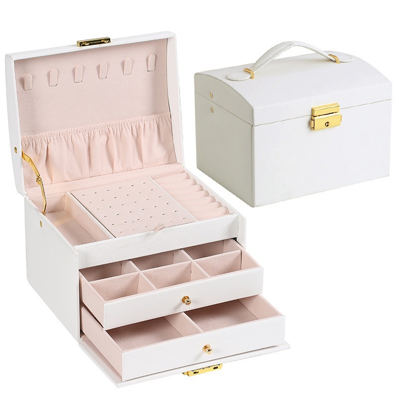 Caja Organizadora de Joyas de 3 Capas de Cuero con Cajón y Cierre
