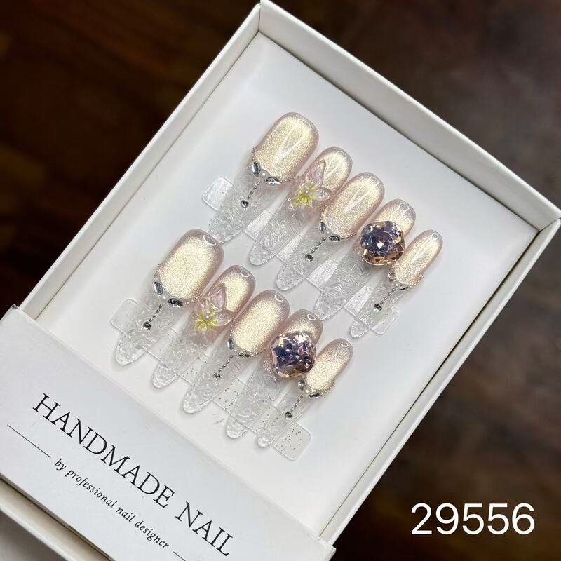【純手作りのつけ爪29-32】ロングフレンチキャットアイパッチ付け爪、取り外し可能なネイルアートコレクション|undefined