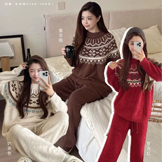 JIEAINA费尔岛提花复古暖心套装秋冬季加厚半边绒可外穿睡衣女士