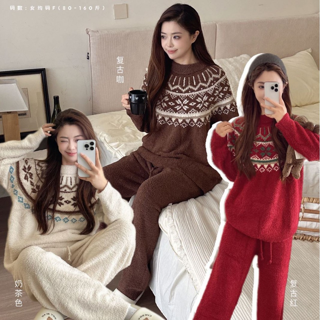 JIEAINA费尔岛提花复古暖心套装秋冬季加厚半边绒可外穿睡衣女士