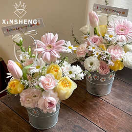 【教师节新品】芯苼 复古铁艺花盆小雏菊印花ins风鲜花花束插花桶