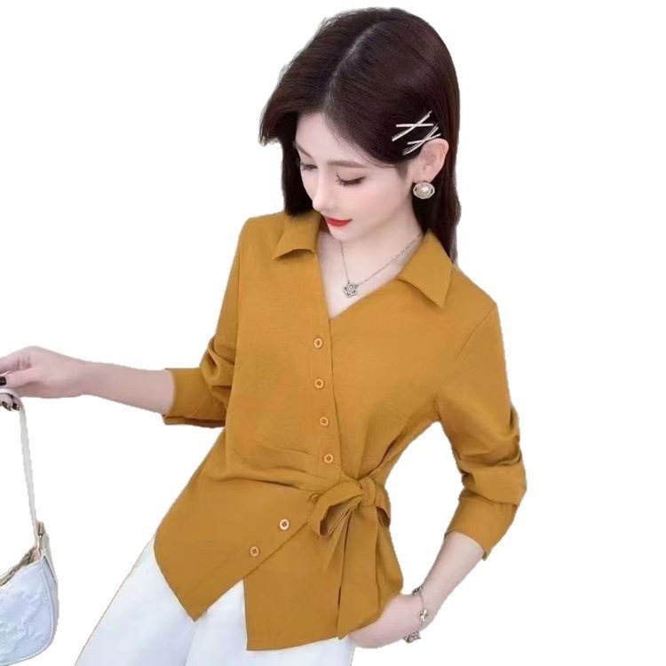 一件代发2025年秋季新款设计感衬衫时尚长袖不规则系带收腰上衣女|undefined