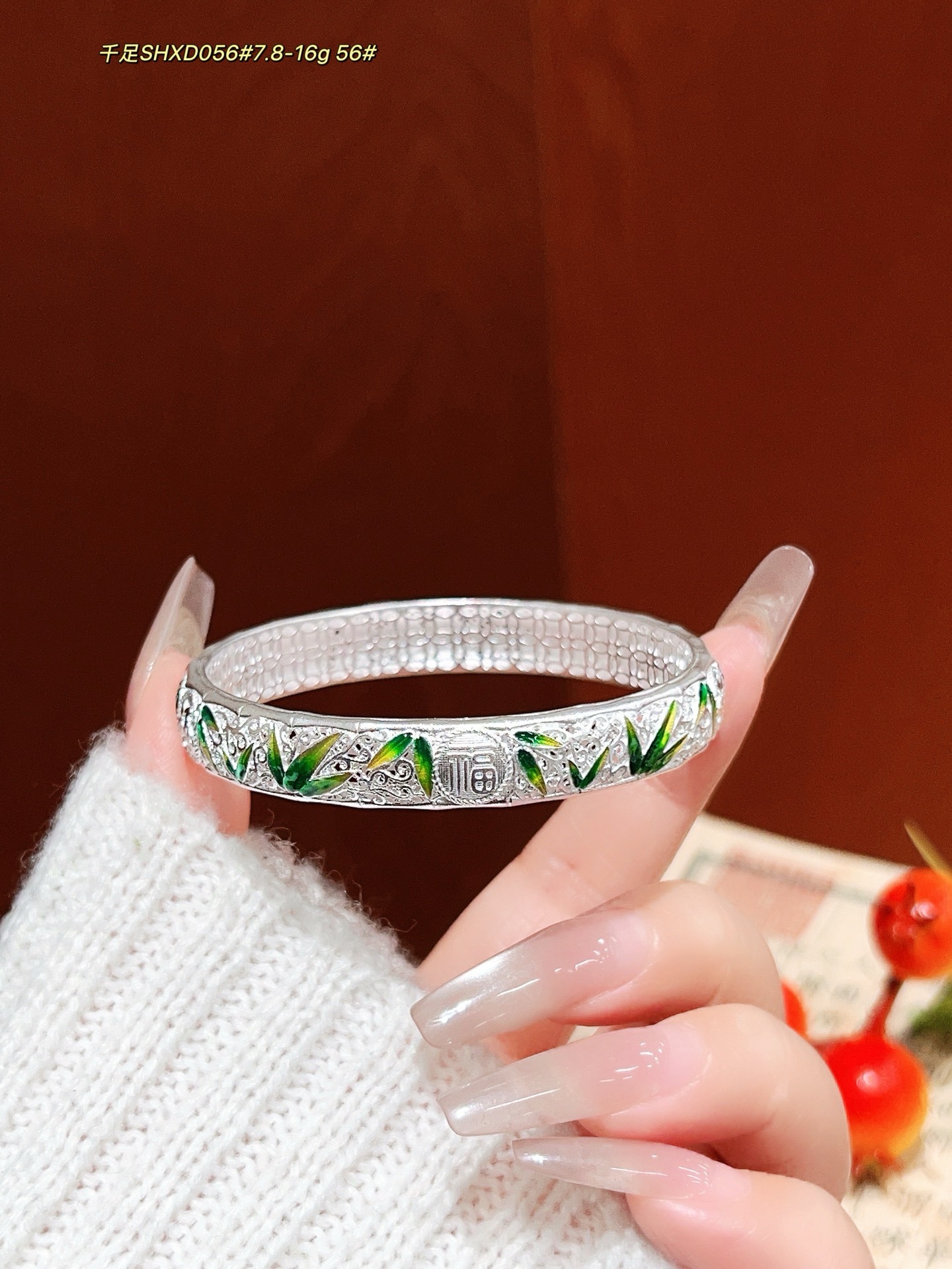 Pulsera de plata esterlina con sección de bambú de esmalte esmerilado antiguo 999 plata pura nueva pulsera de plata retro estilo madre regalo