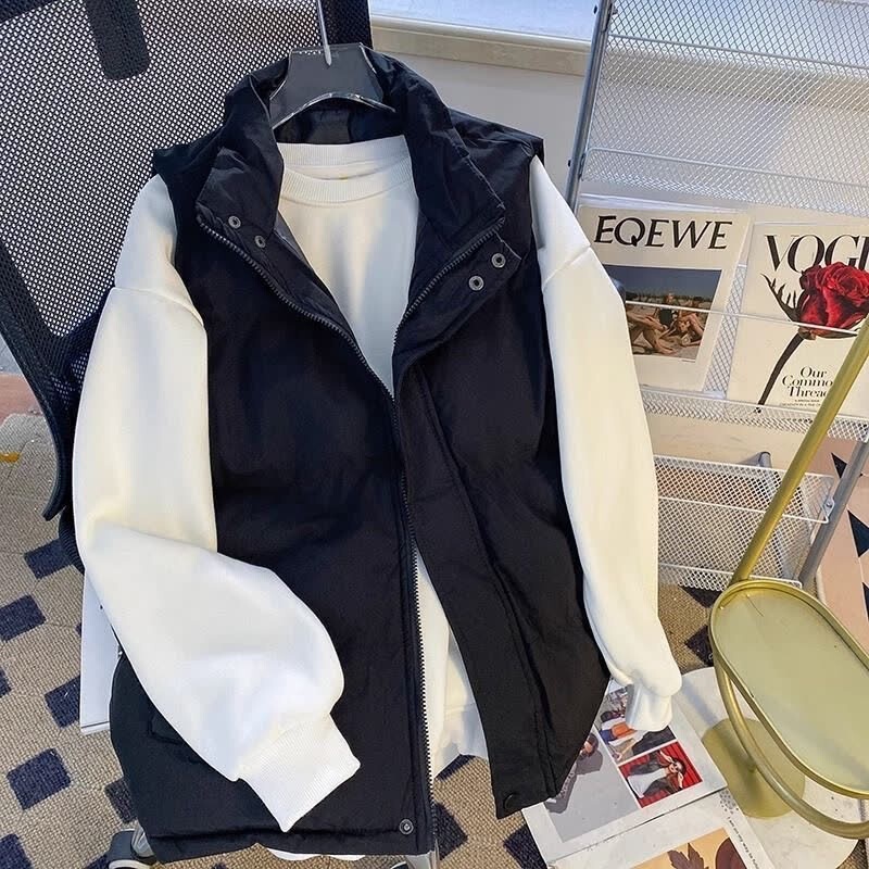 Men's autumn and winter down cotton vest, trendy loose-fitting stand-up collar vest jacket, thickened and warm, solid color gilet Men's autumn and winter down cotton vest, trendy loose-fitting stand-up collar vest jacket, thickened and warm, solid color gilet