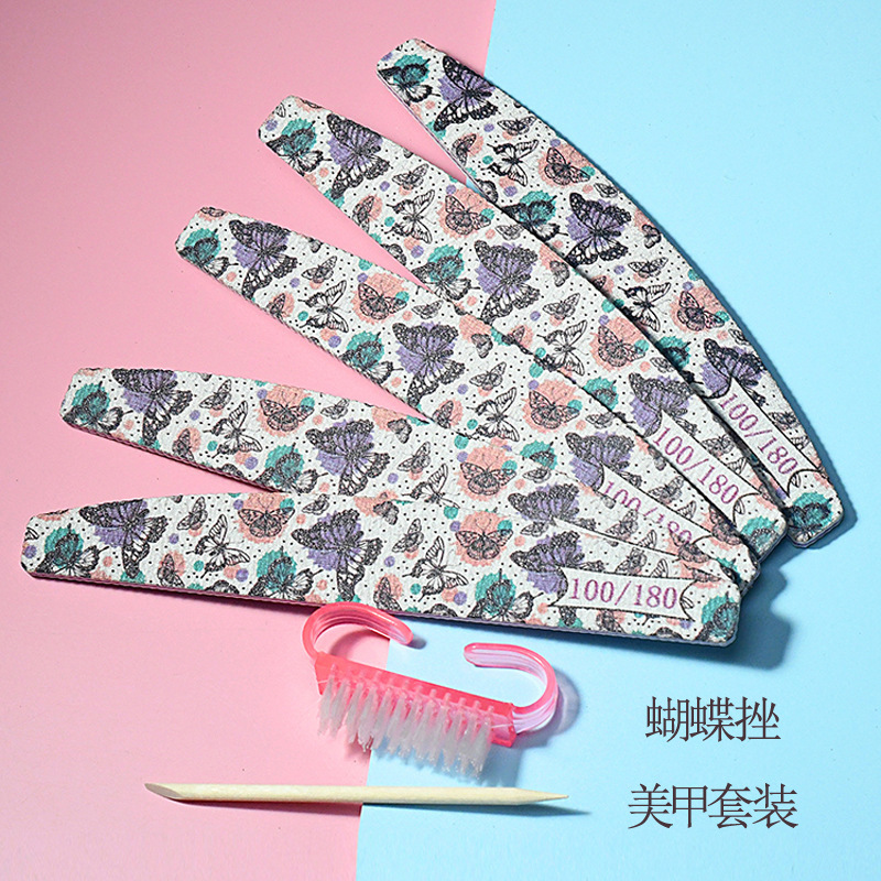 Half-moon nail nail suit butterfly print polishing strip double-sided trimming nail brush wooden sign nail art tool