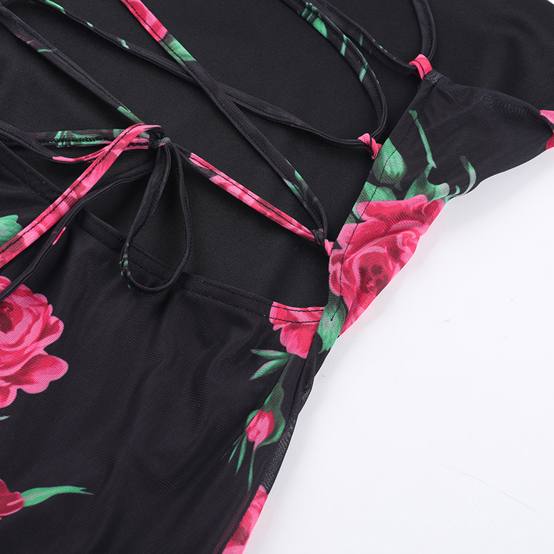 Spring Maxi Dress Sexy Spaghetti Strap Floral Print Backless Lace up Dress