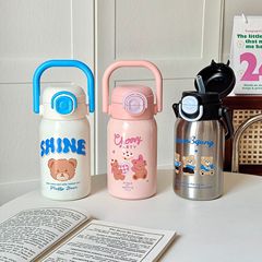 漫画クマ魔法瓶カップポータブル外観向上ダブルストローカップステンレス鋼真空学生カップ卸売