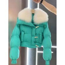 2025年白鸭绒外套毛领短款90鸭绒羽绒服女冬高腰加厚牛角扣面包服