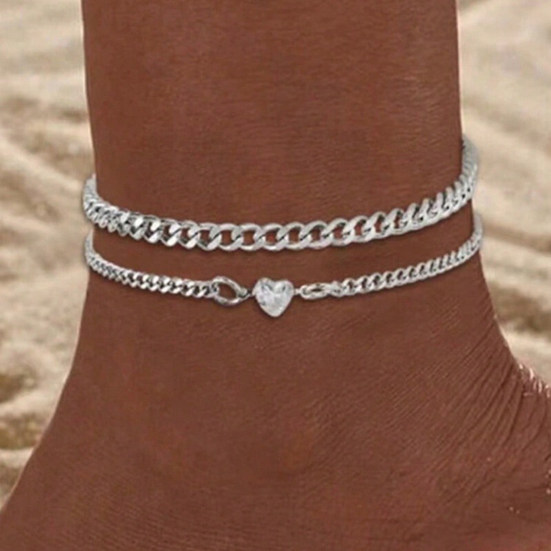 European and American Cross-Border Hot-Selling Jewelry Temu Fashionable Simple Heart Zircon Chain Multi-Layer Stacked Anklet Women's Foot Accessories New