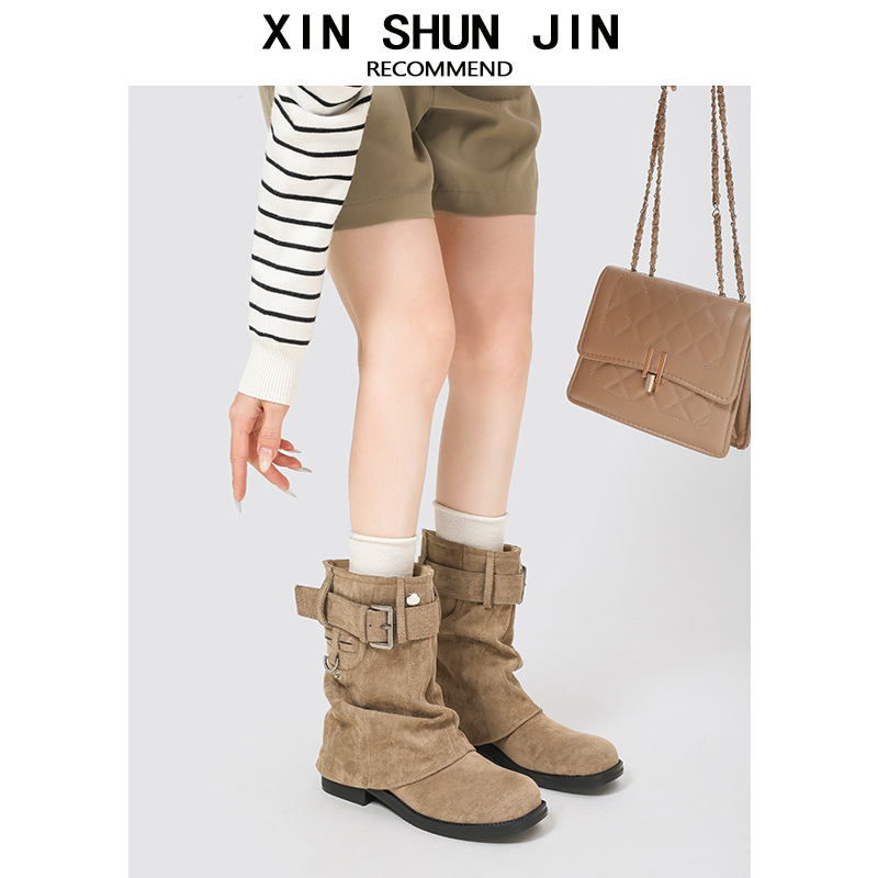 British Style Slimming Women's Ankle Boots 2025 Autumn New Chunky Heel Round Toe Lace-Up Booties Motorcycle Boots Ruched Slouch Boots