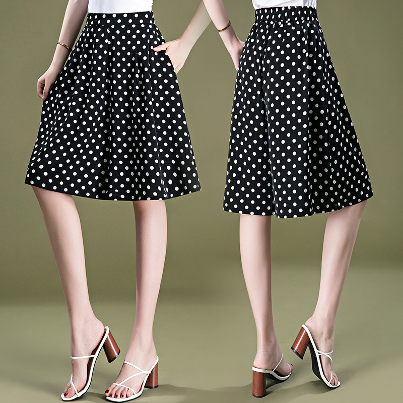 Chiffon Ice Silk Wide-Leg Pants for Women in Summer Thin Loose Draped Leggings Large Size Elastic Waist Six-Point Polka Dot Culottes