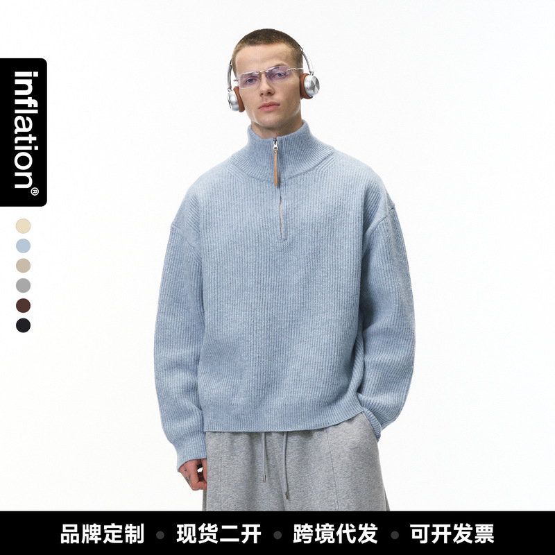 Jie Zhan Men's Clothing | Half-Zip Turtleneck Sweater 25 New Winter Retro Street Old Money Style Relaxed Lazy Top