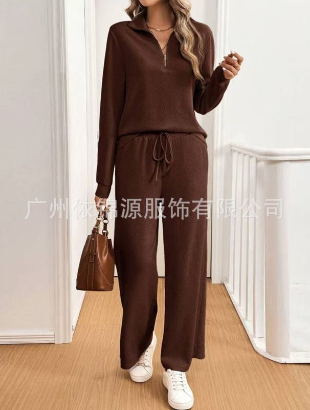 欧美外贸2025亚马逊秋冬款休闲运动套装拉链长袖卫衣阔腿裤两件套|undefined
