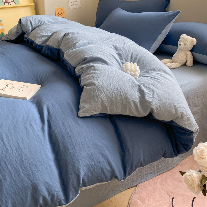 ins style double-piece washed cotton four-piece set solid color bed sheet quilt cover bed cover student dormitory bed three-piece set Wholesale