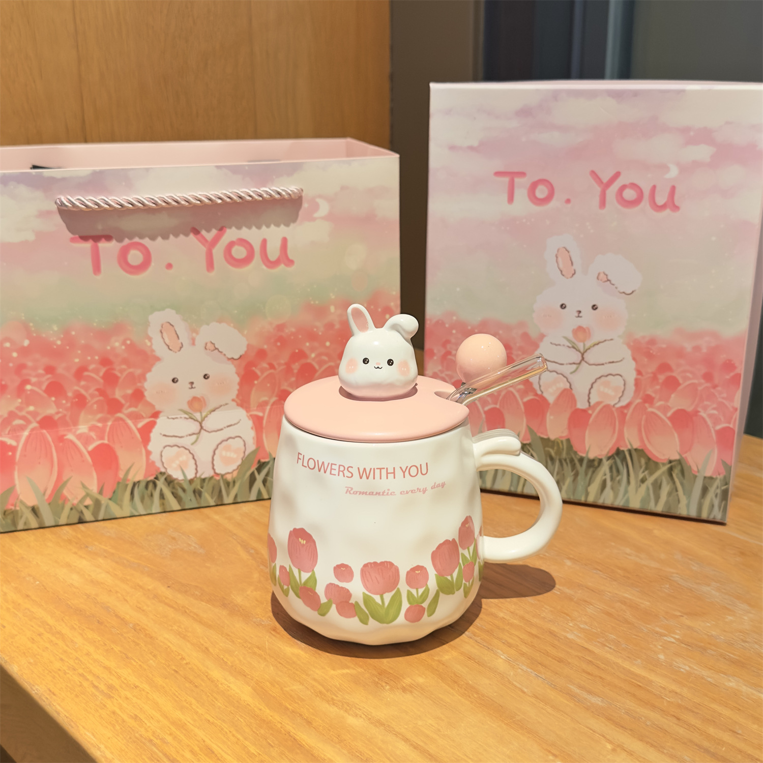 [Gift Box + Gift Bag] Tulip Rabbit Cup + Cover + Spoon