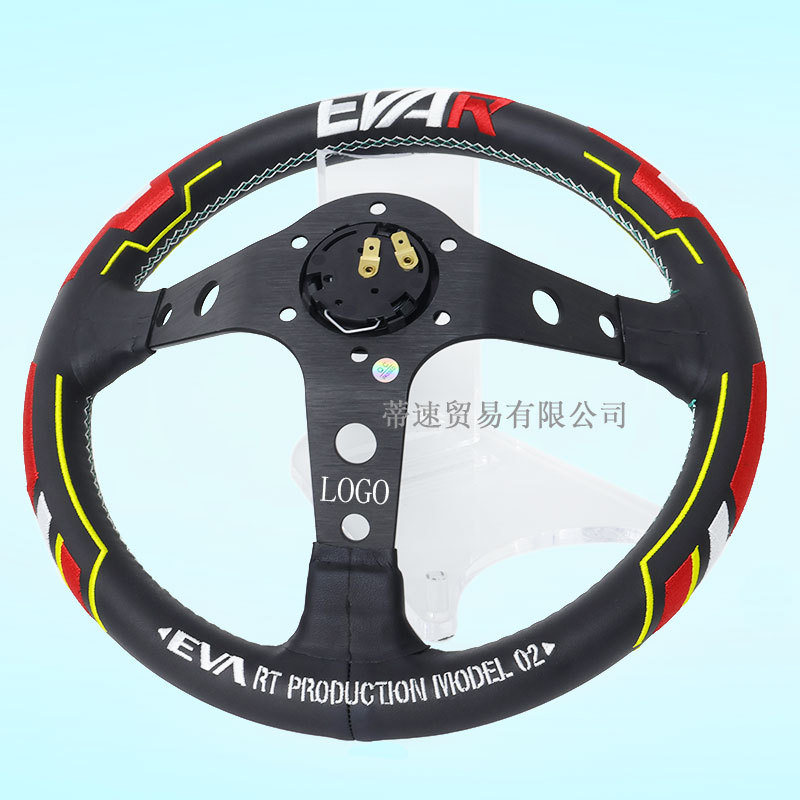 Factory Direct Sales Universal Red Leather Steering Wheel for Car Modification 13inch Embroidered Racing Deep Concave Steering Wheel