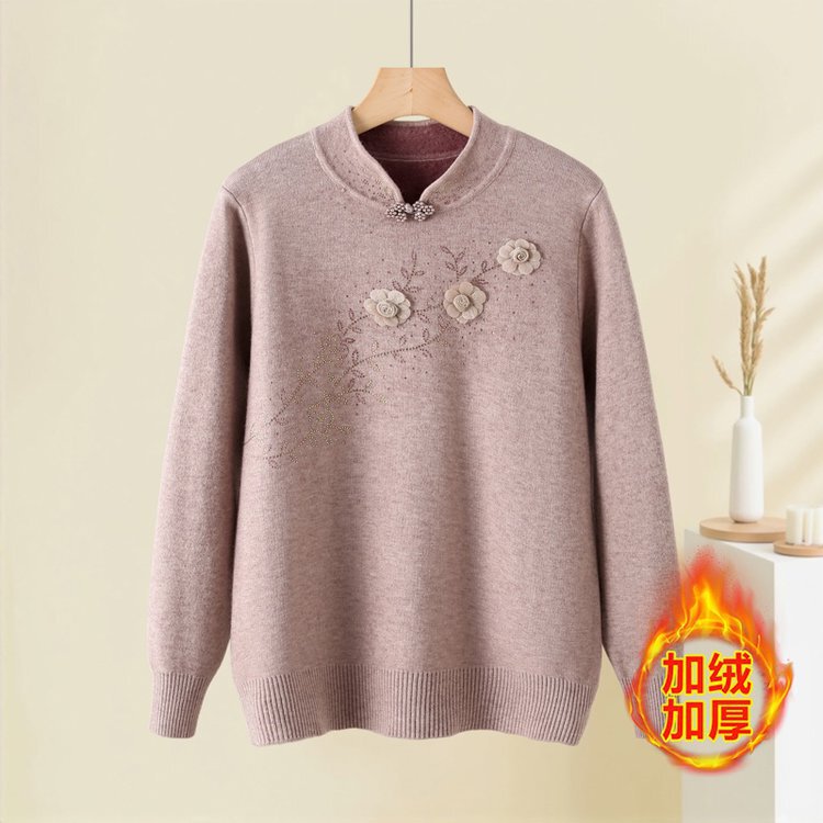 2025 New Winter Clothing for Middle-Aged and Elderly Women, Half Turtleneck Fleece-Lined Thermal Clothing, Western Style Mother's Thickeneded Sweater Bottoming Shirt
