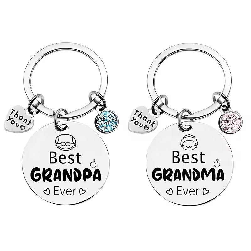 Engraved Stainless Steel Keychain Pair Best Grandpa Grandma Ever Metal with Drill Heart Shape
