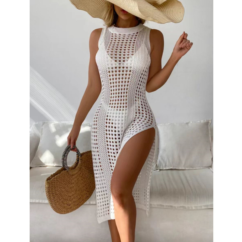 Summer New Vacation Sexy Solid Color Round Neck Sleeveless Knitted Dress Beach Sun Protection Cover-Up