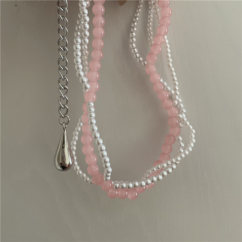 Pink Round Beads Pearl Double Layered Clavicle Chain Ins Wind Drop Pendant Necklace Necklace display picture 6