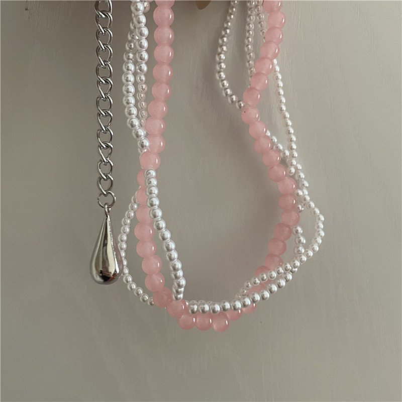 Perles Rondes Roses Perle Chaîne De Clavicule Double Couche Collier Pendentif Goutte De Vent Ins display picture 6