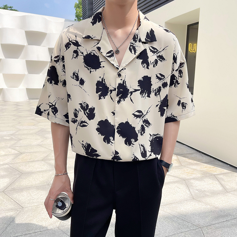 Light and Mature Style Men's Ice Silk Drape Short-Sleeved Shirt Men's Summer Trendy Brand Loose Cuban Collar Floral Shirt
