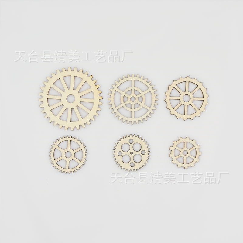 6 tamaños engranaje de madera engranaje mixto madera chip decoraciones corte por láser artesanía 120 unids/pack