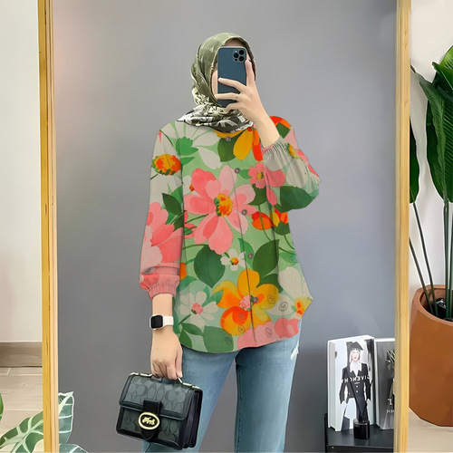 Muslim blouse floral women's shirt button-up Baju Muslim style