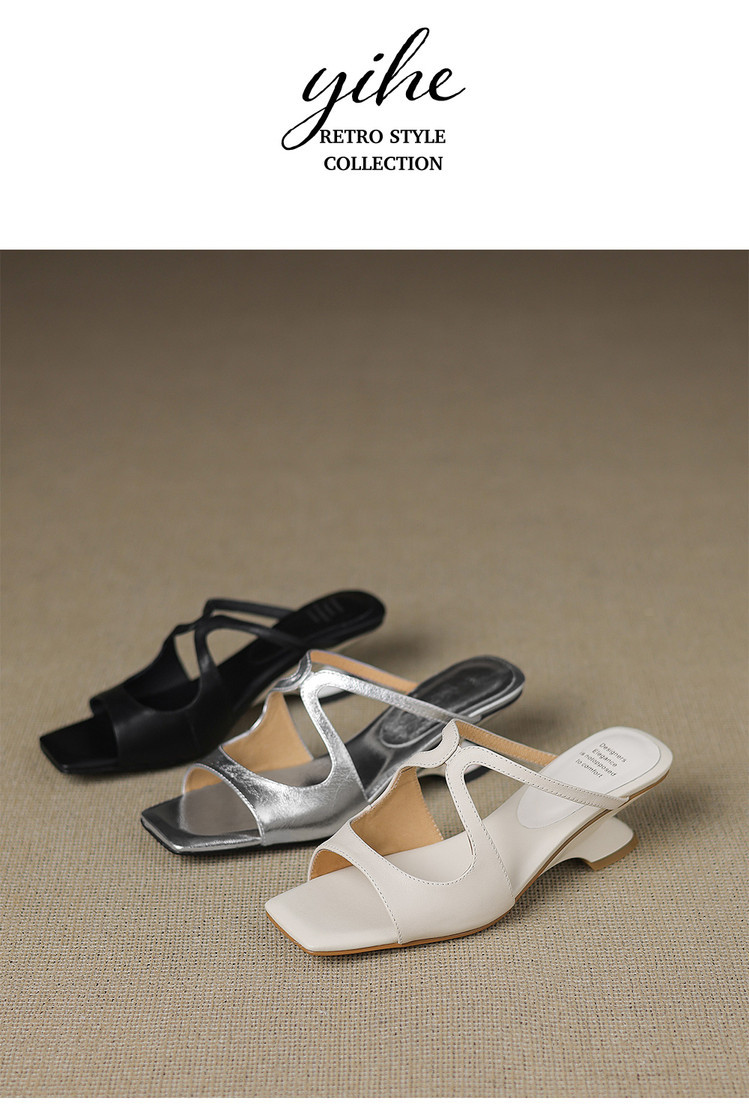 Sandal nữ da bò mũi vuông hở ngón gót lạ mắt — màu đen, màu trắng ngà, bạc chi tiết 18