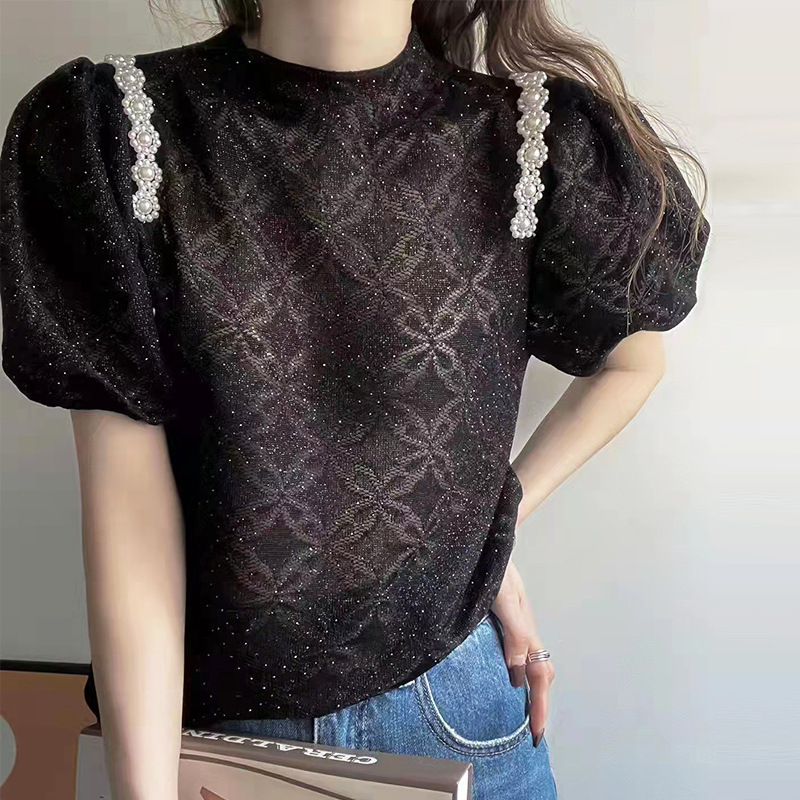 Summer New Large Size Loose Three-Dimensional Brilliant & Hot Drilling Shoulder Beads & Bubble Sleeve Bright Silk Knitted Sweater for Women