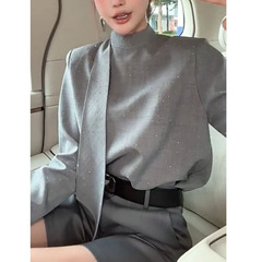 高级感拼接飘带烫钻灰色长袖衬衫女早秋洋气通勤衬衣宽松百搭上衣