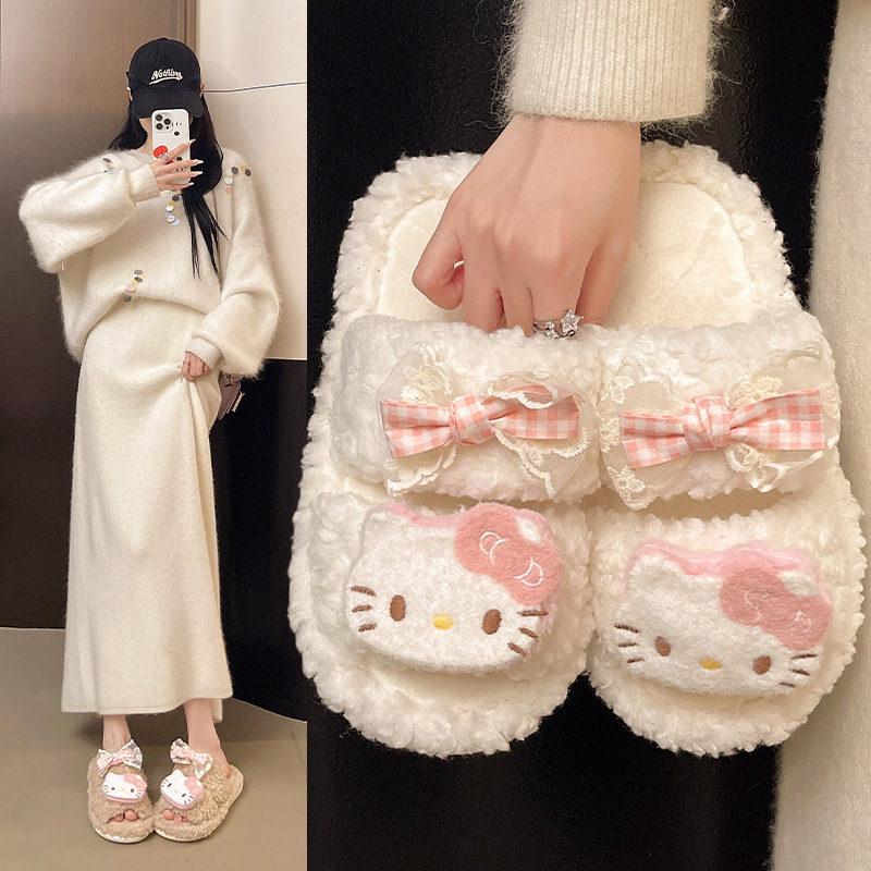 Cute Cartoon Plush Warm Home Bow Non-Slip Plush Slippers for Women Winter Autumn Kt Indoor Cotton Slippers for Women Cute Cartoon Plush Warm Home Bow Non-Slip Plush Slippers for Women Winter Autumn Kt Indoor Cotton Slippers for Women